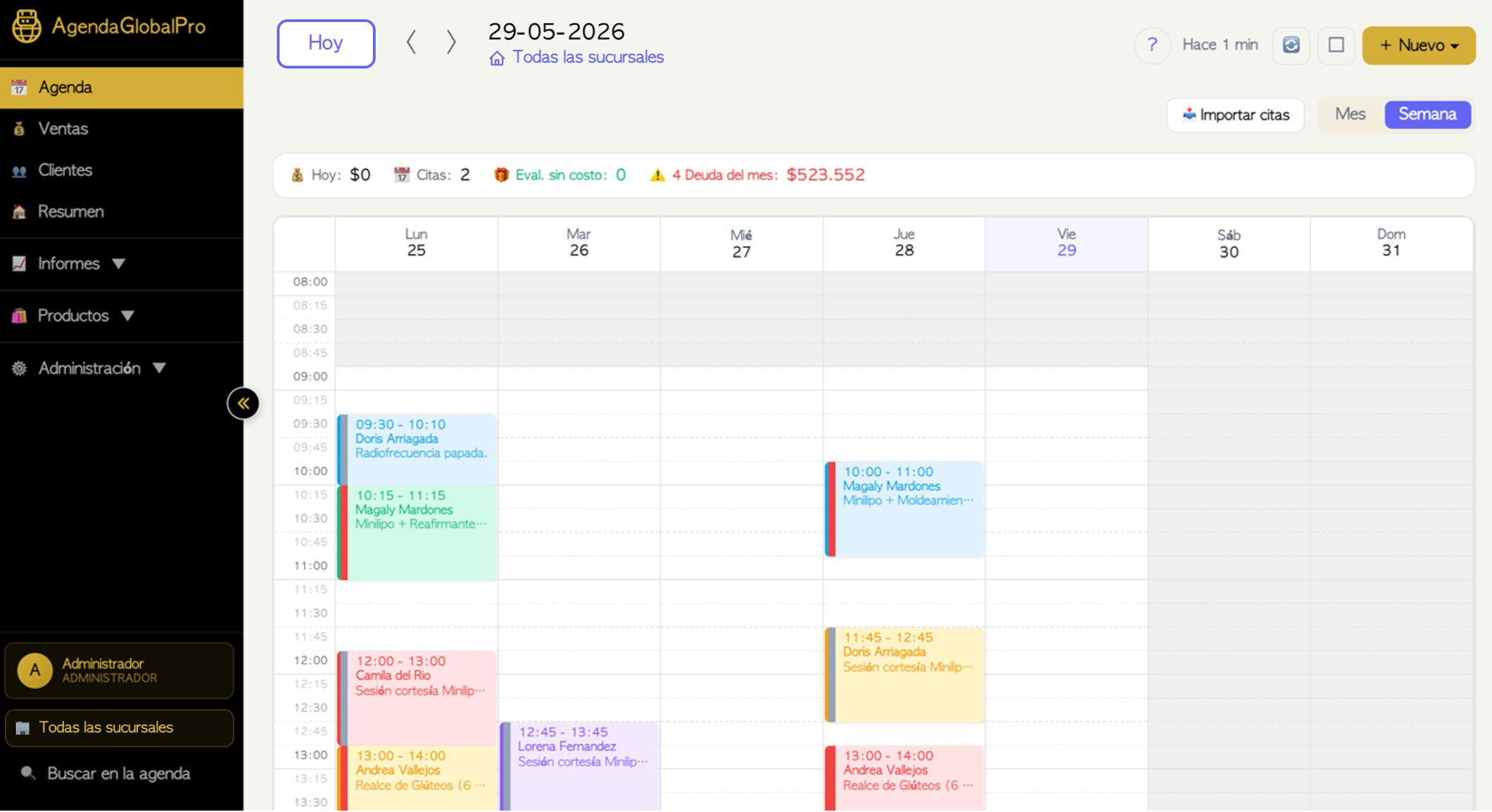 Calendario de AgendaGlobalPro con citas agendadas
