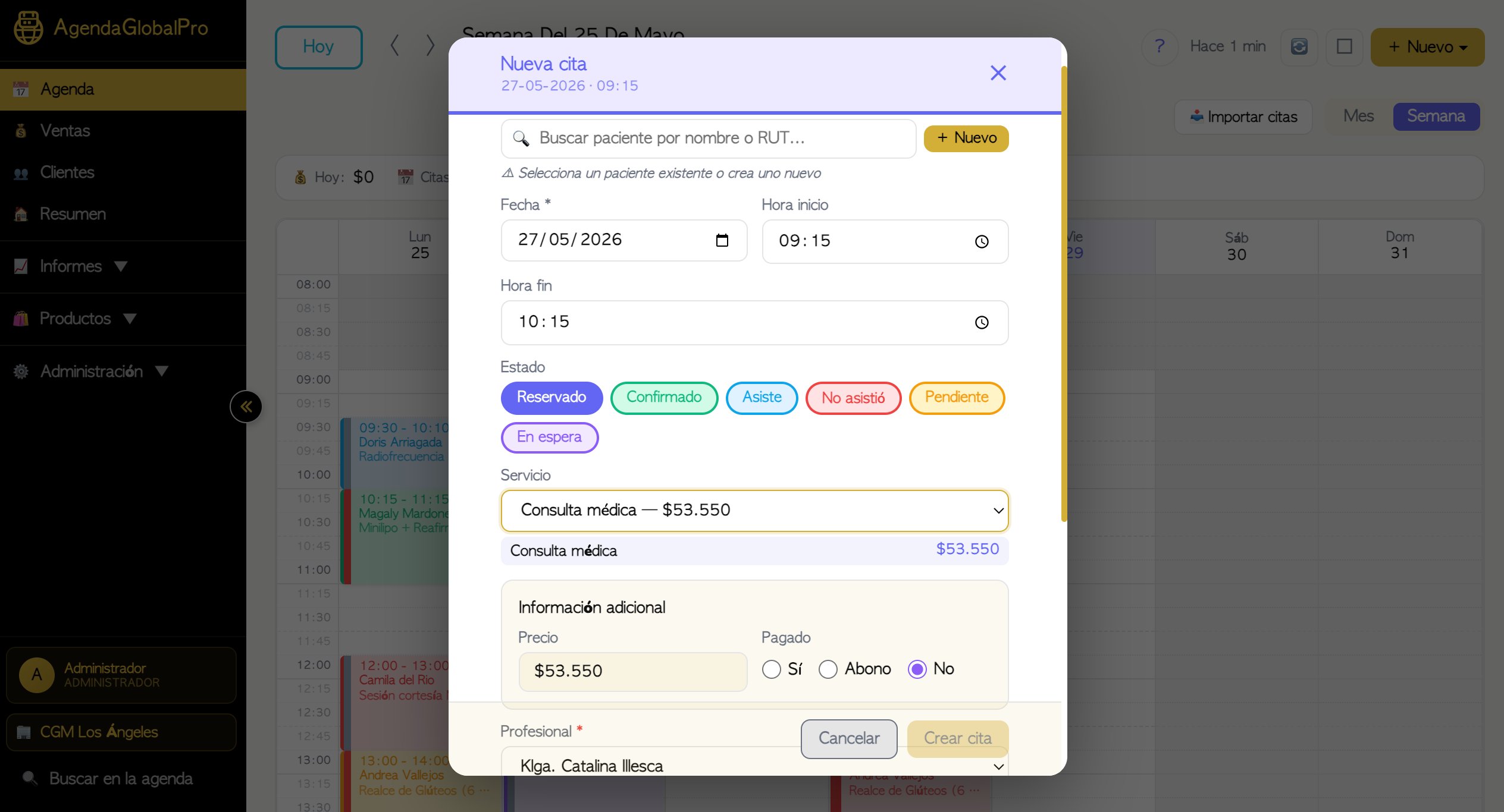 Modal de nueva cita en AgendaGlobalPro